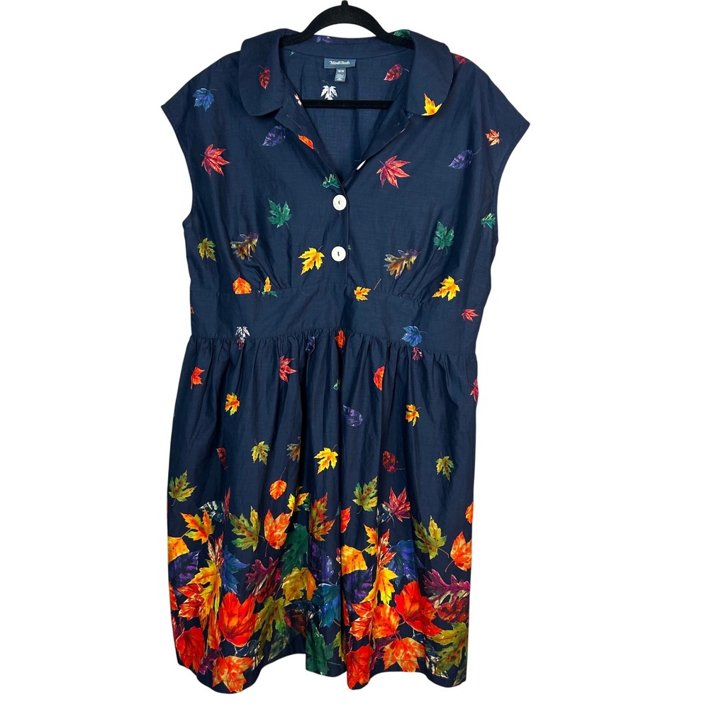 ModCloth Navy Dress with Red Orange Yellow Leaf Print